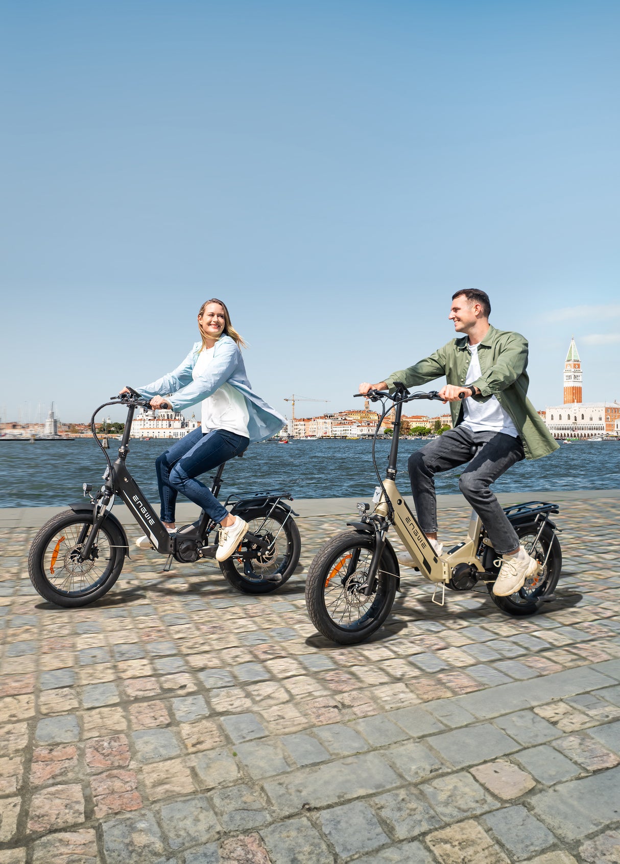 two people riding engwe l20 3.0 pro commuter e bikes on the road