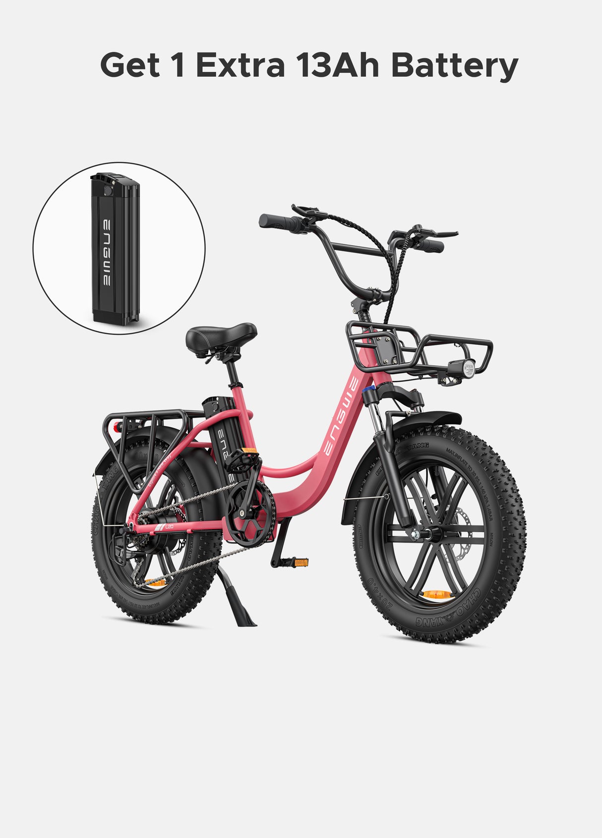 a flamingo pink engwe l20 step through electric bicycle and an extra 13ah battery