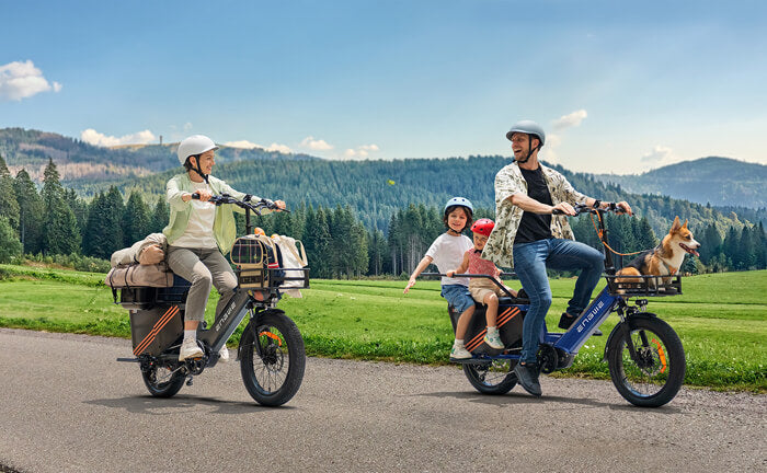 a family rides on engwe le20 electric cargo bikes