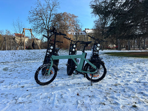 a green engwe p20 e-bike parked on the snow