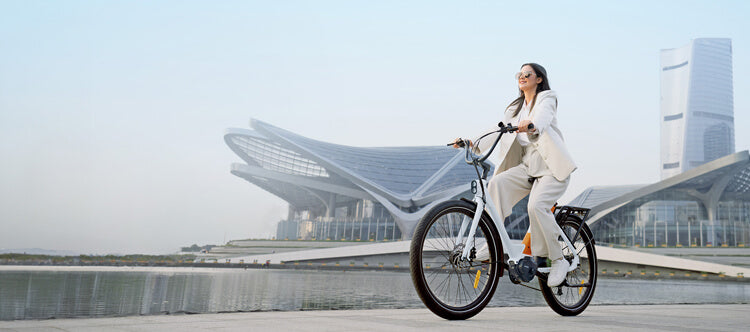 a woman rides an engwe p275 eapc bike