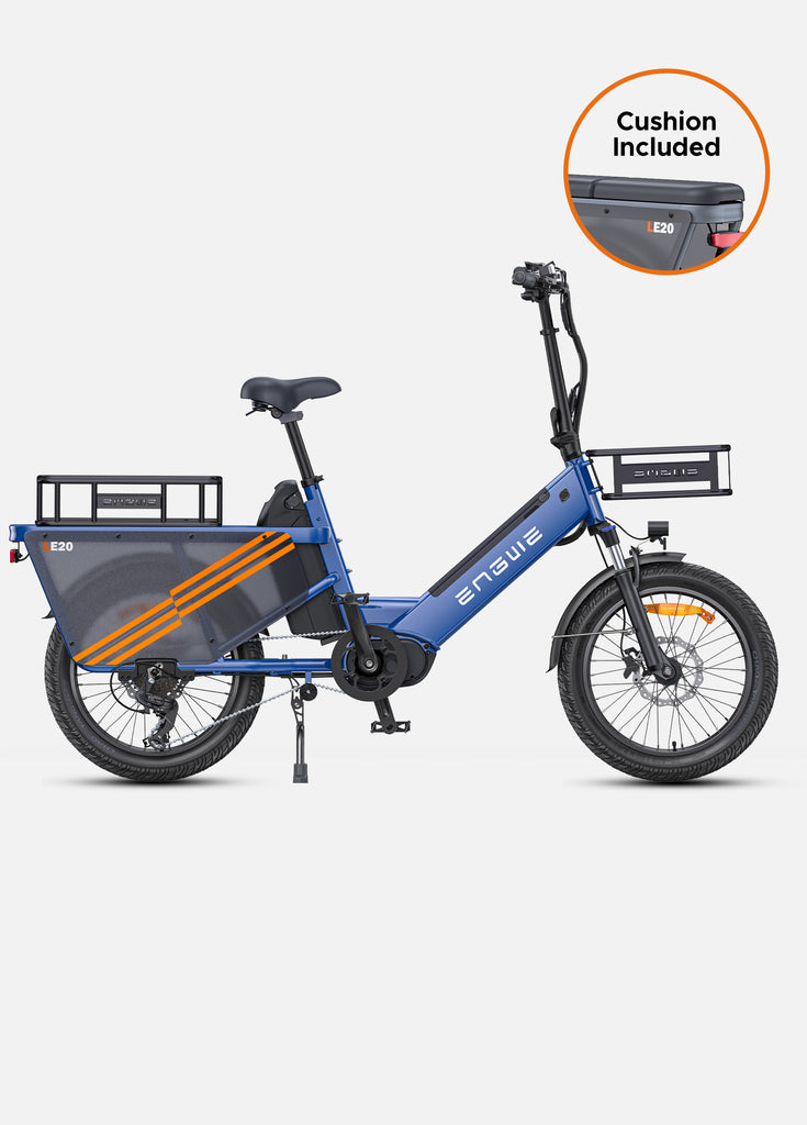 a blue engwe le20 cargo bike with a basket at the front and rear