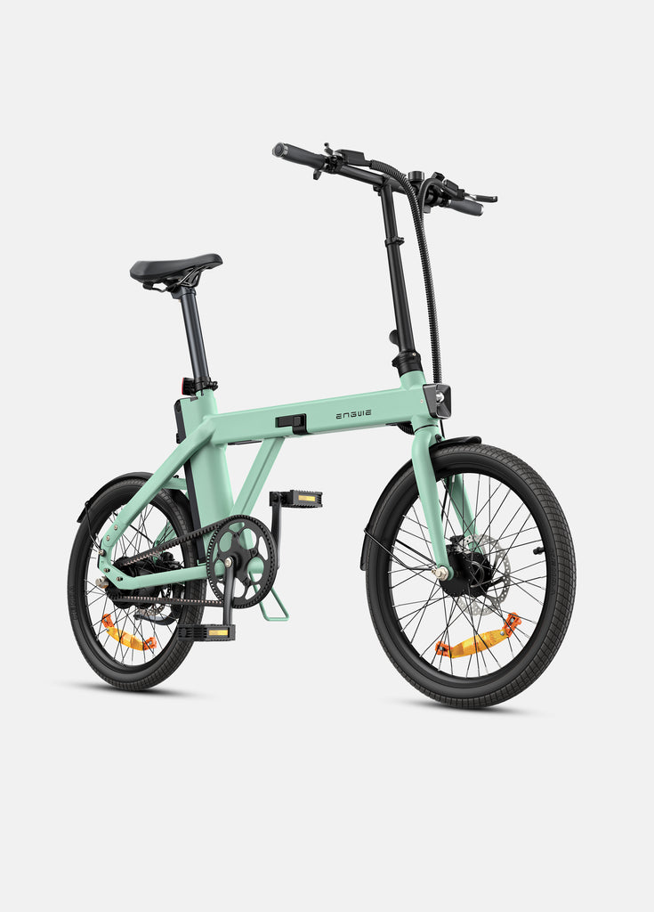 the side view of a green engwe p20 electric fold up bike