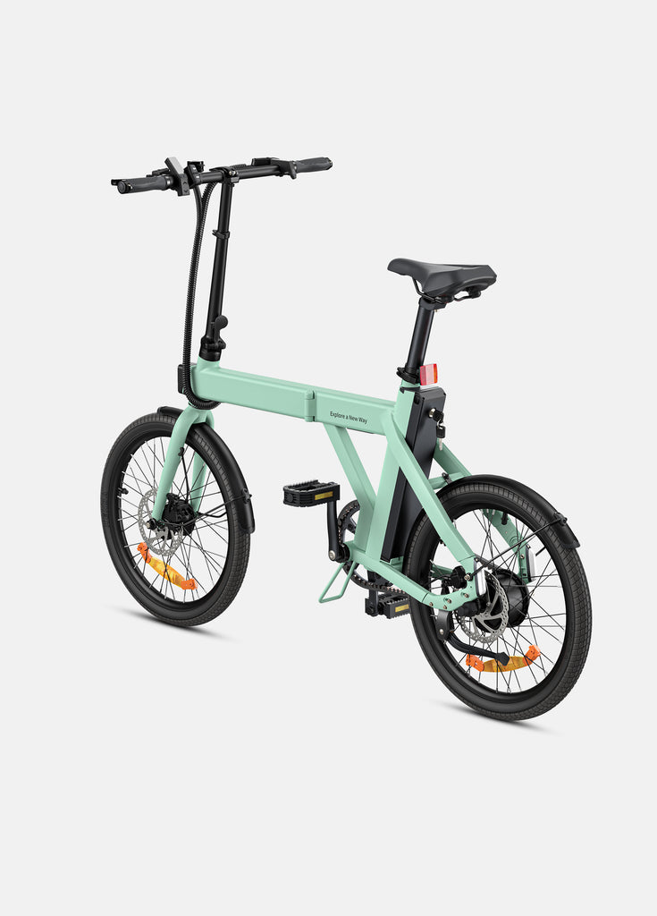 the side view of a green engwe p20 folding electric bike uk