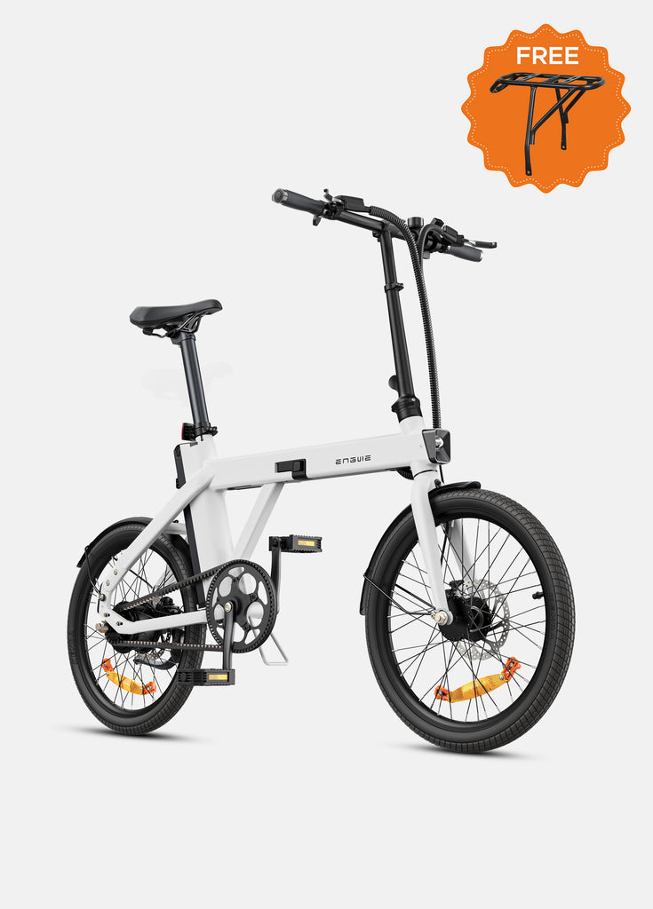 a white engwe p20 electric city bike and a rear rack for free