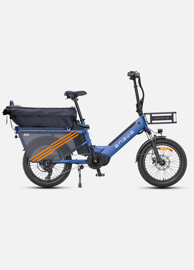 a blue engwe le20 electric cargo bicycle with a bike basket and a storage case