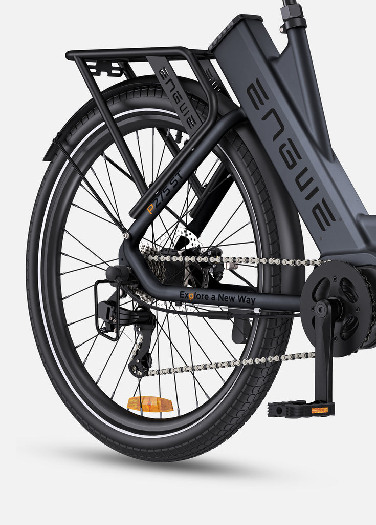 black engwe p275 st city e-bike rear tire and rear rack