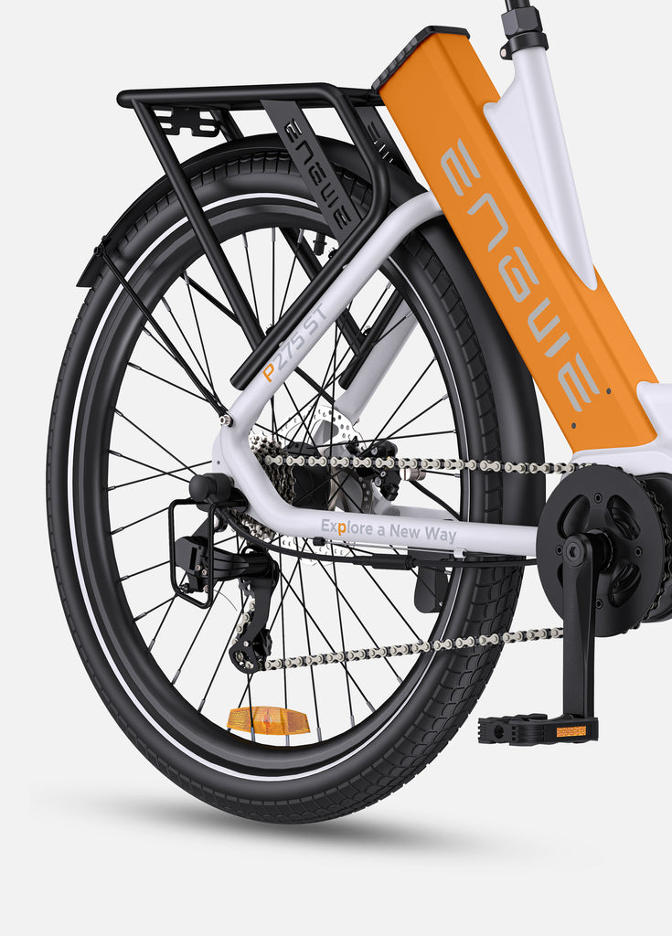 white-orange engwe p275 st step through electric bike rear tire and rear rack