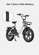 a snow white engwe l20 low step e bike and an extra 13ah battery