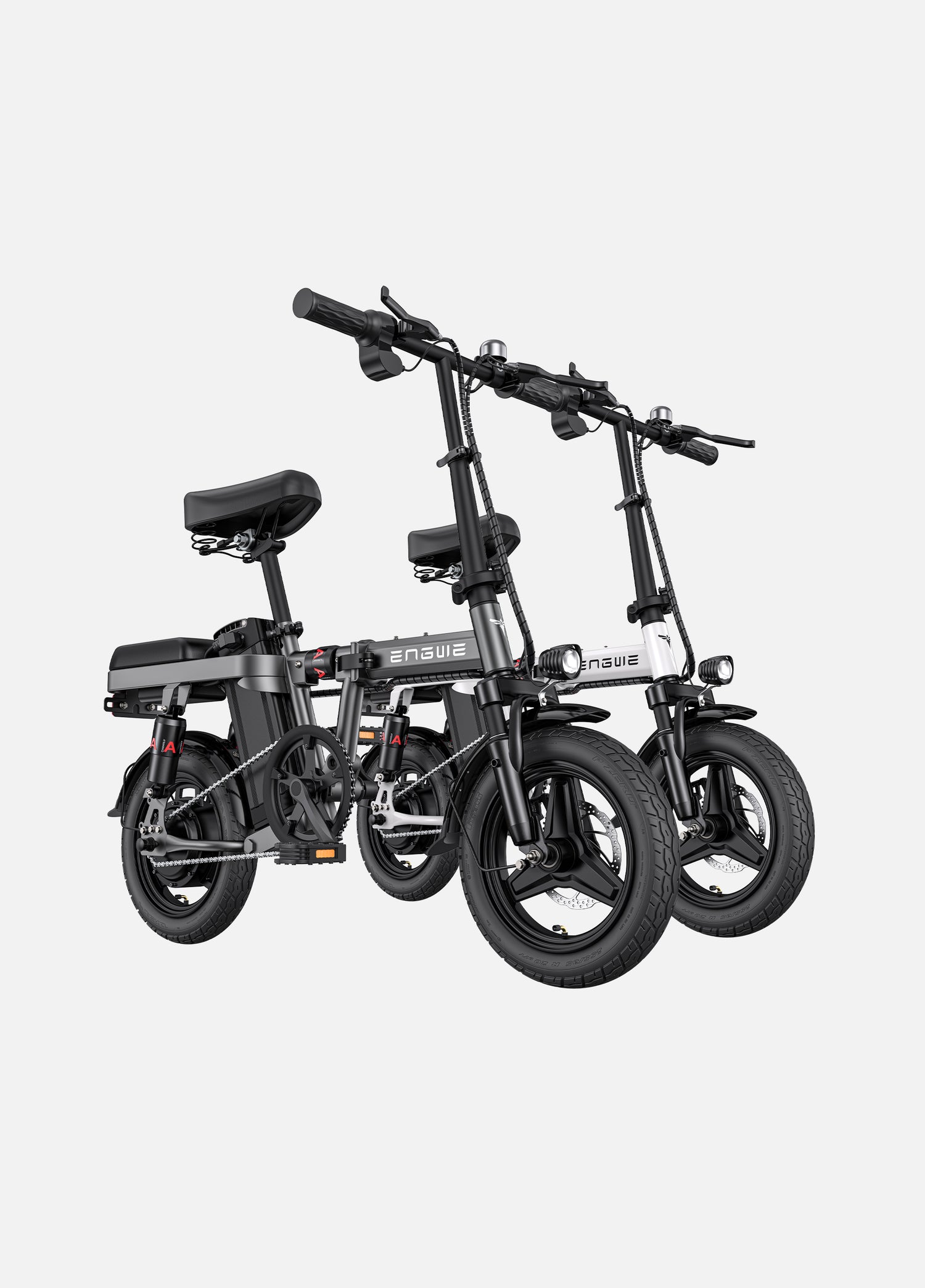 a grey and a white engwe e-bikes