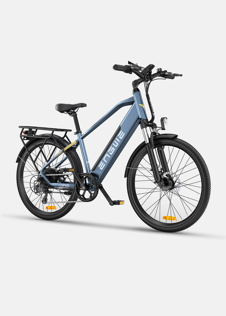 a blue engwe p26 electric commuter bike