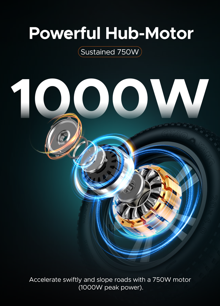 engwe m20's powerful hub-motor, 1000w peak power